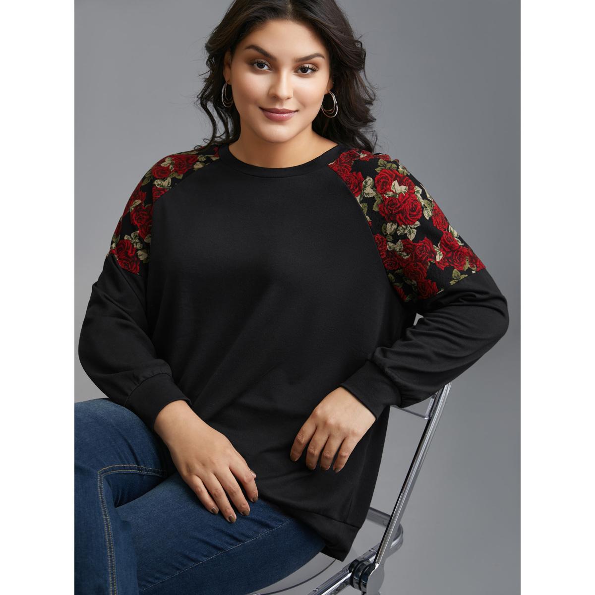 Plus Size Floral Raglan Sleeve Stretchy Fitted Sweatshirt Women Black Casual Contrast Round Neck Everyday Sweatshirts BloomChic 14-16/1X Product Image