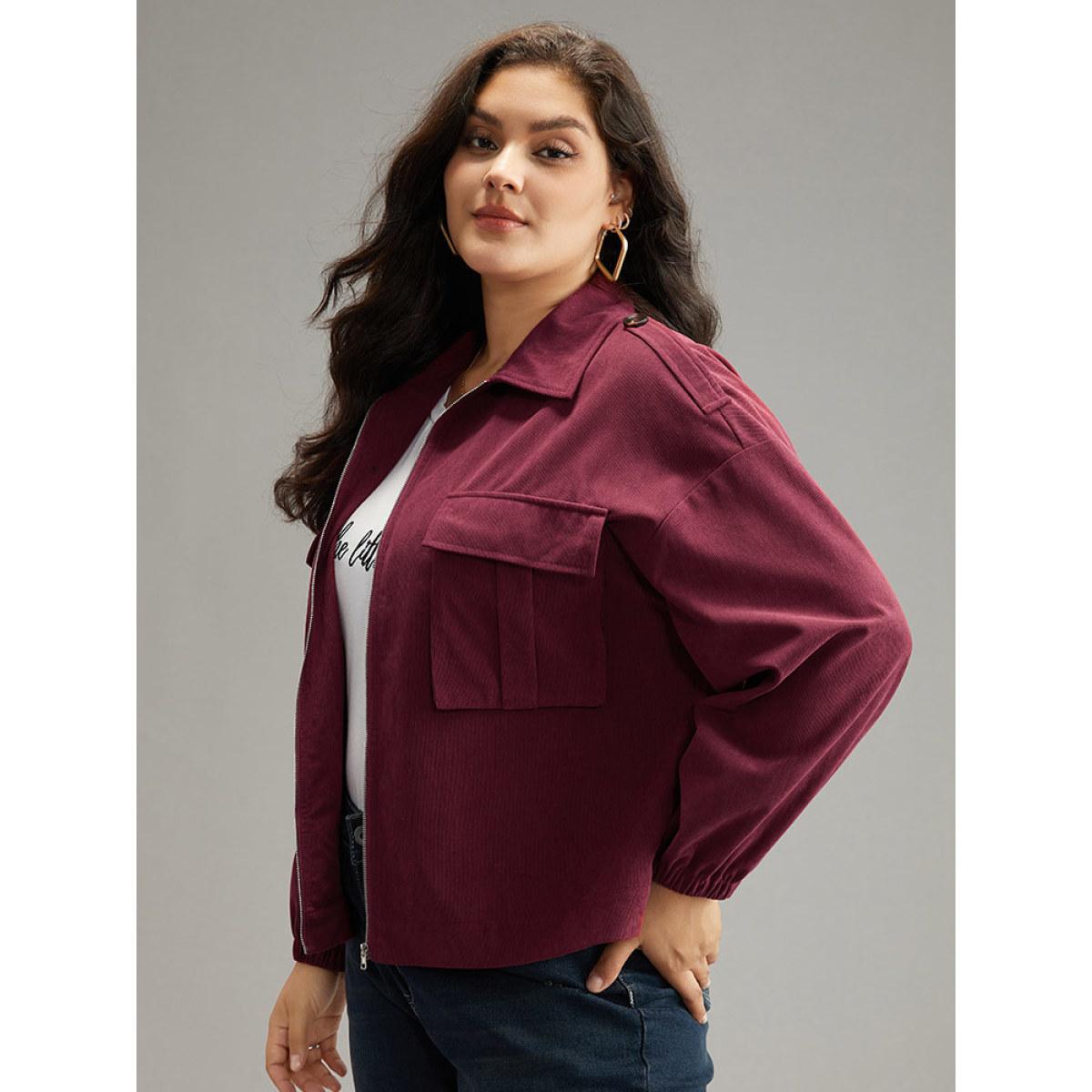Plus Size Plain Pocket Zipper Elastic Cuffs Jacket Women Scarlet Elastic cuffs Pocket Dailywear Jackets BloomChic 10/M Product Image