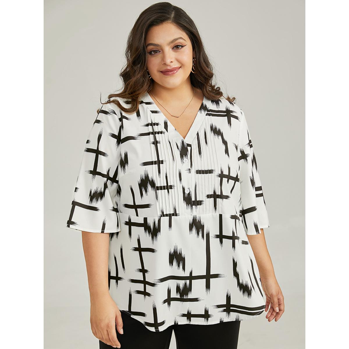 Plus Size Ivory Brush Print V Neck Pleated Ruffles Button Up Blouse Women Office Half Sleeve V-neck Work Blouses BloomChic 12/L Product Image