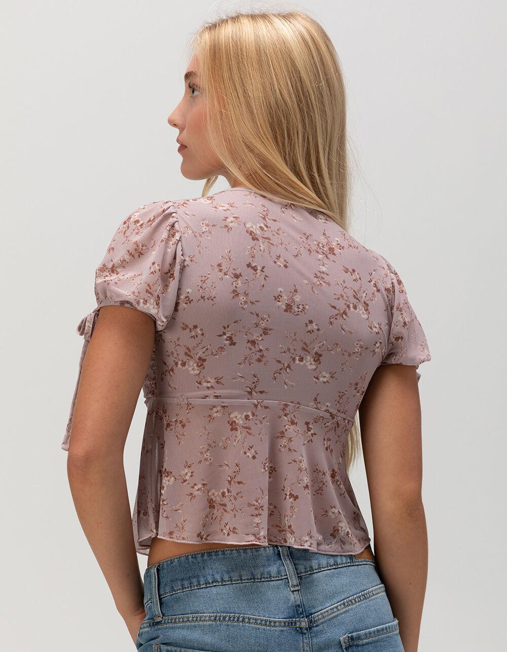 FULL TILT Floral Print Mesh Babydoll Womens Top - MAUVE Product Image