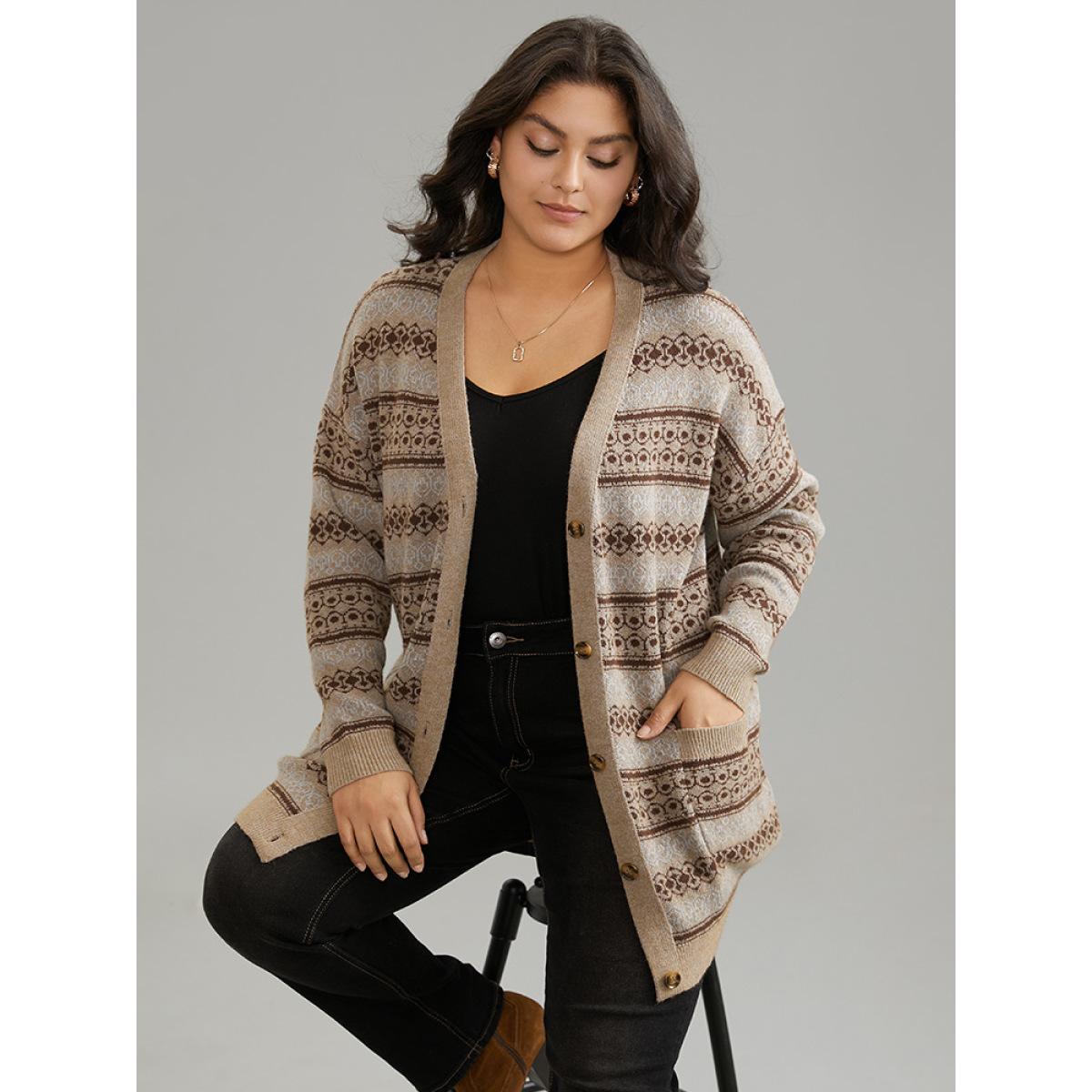 Plus Size Supersoft Essentials Geometric Pocket Jacquard Cardigan Tan Women Casual Loose Long Sleeve Everyday Cardigans BloomChic 14-16/1X Product Image