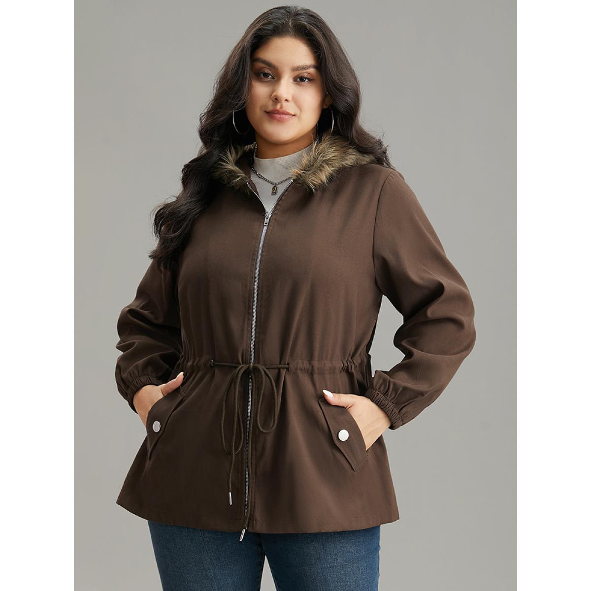 Plus Size Fuzzy Trim Patchwork Zipper Drawstring Buckle Detail Jacket Women DarkBrown Elastic cuffs Pocket Dailywear Jackets BloomChic 14-16/1X Product Image