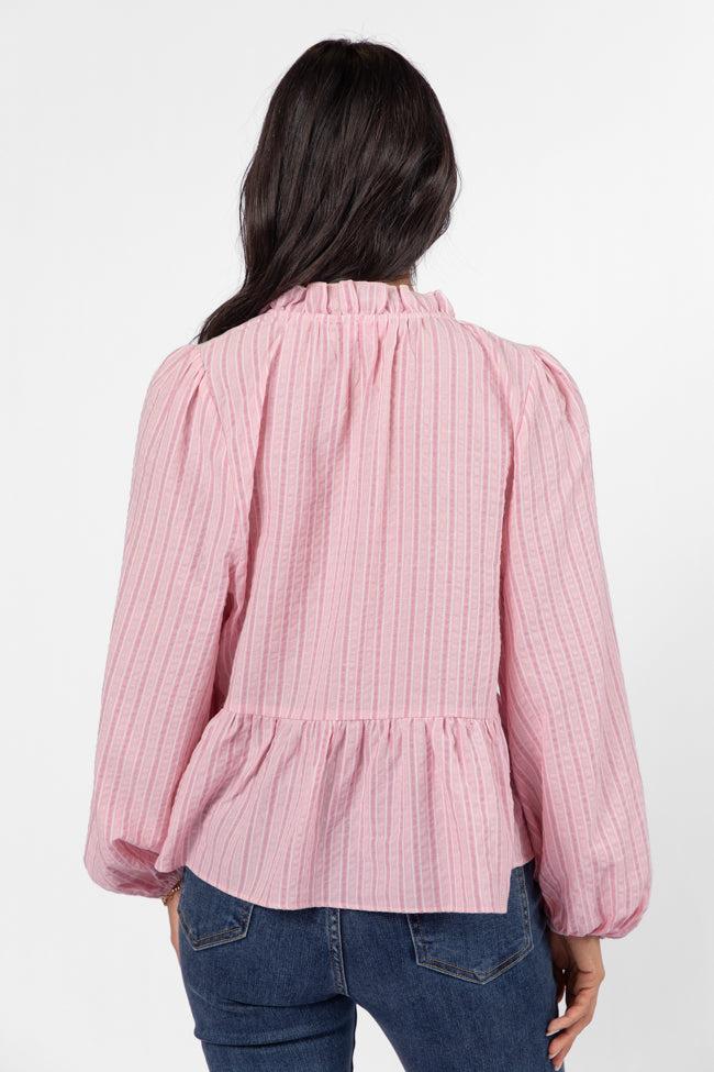 Oh My Darling Pink Stripe Notched Neckline Button Detail Peplum Blouse FINAL SALE Product Image