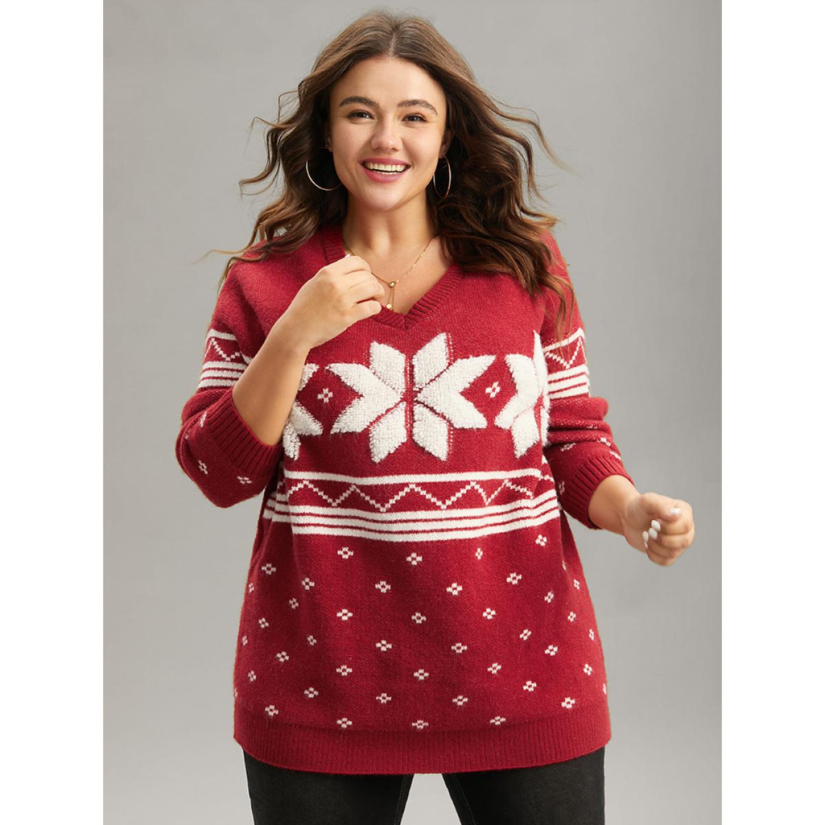 Plus Size Supersoft Essentials Towel Embroidered Snowflake Pullover Scarlet Women Casual Loose Long Sleeve V-neck Festival-Christmas Pullovers BloomChic 18-20/2X Product Image
