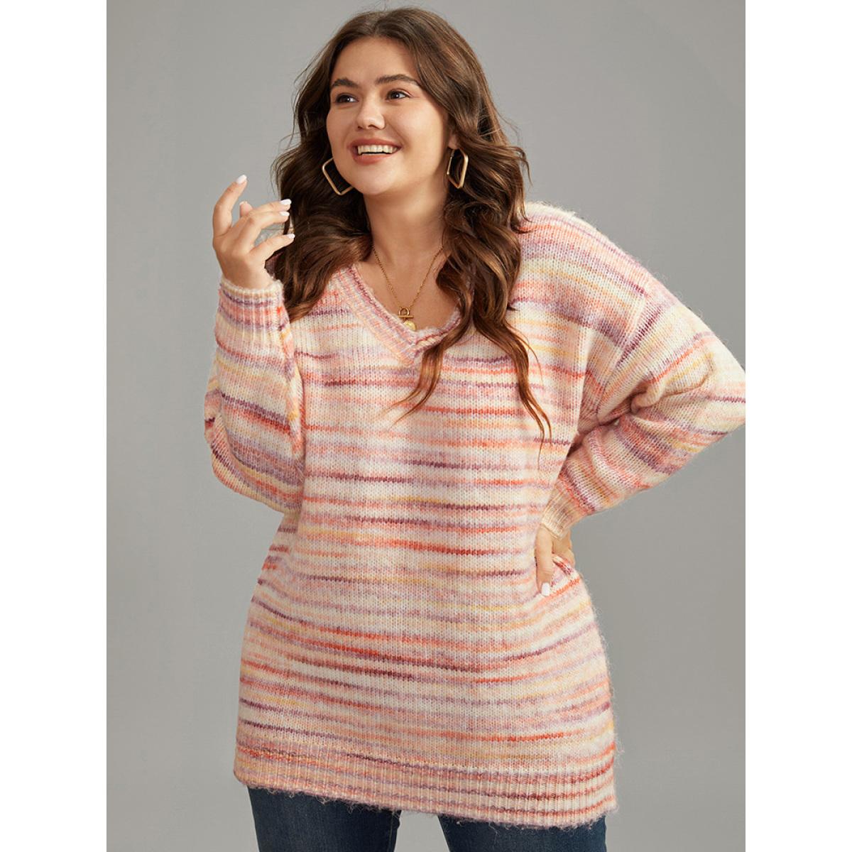 Plus Size Ombre Heather Drop Shoulder Pullover Multicolor Women Casual Loose Long Sleeve V-neck Everyday Pullovers BloomChic 14-16/1X Product Image