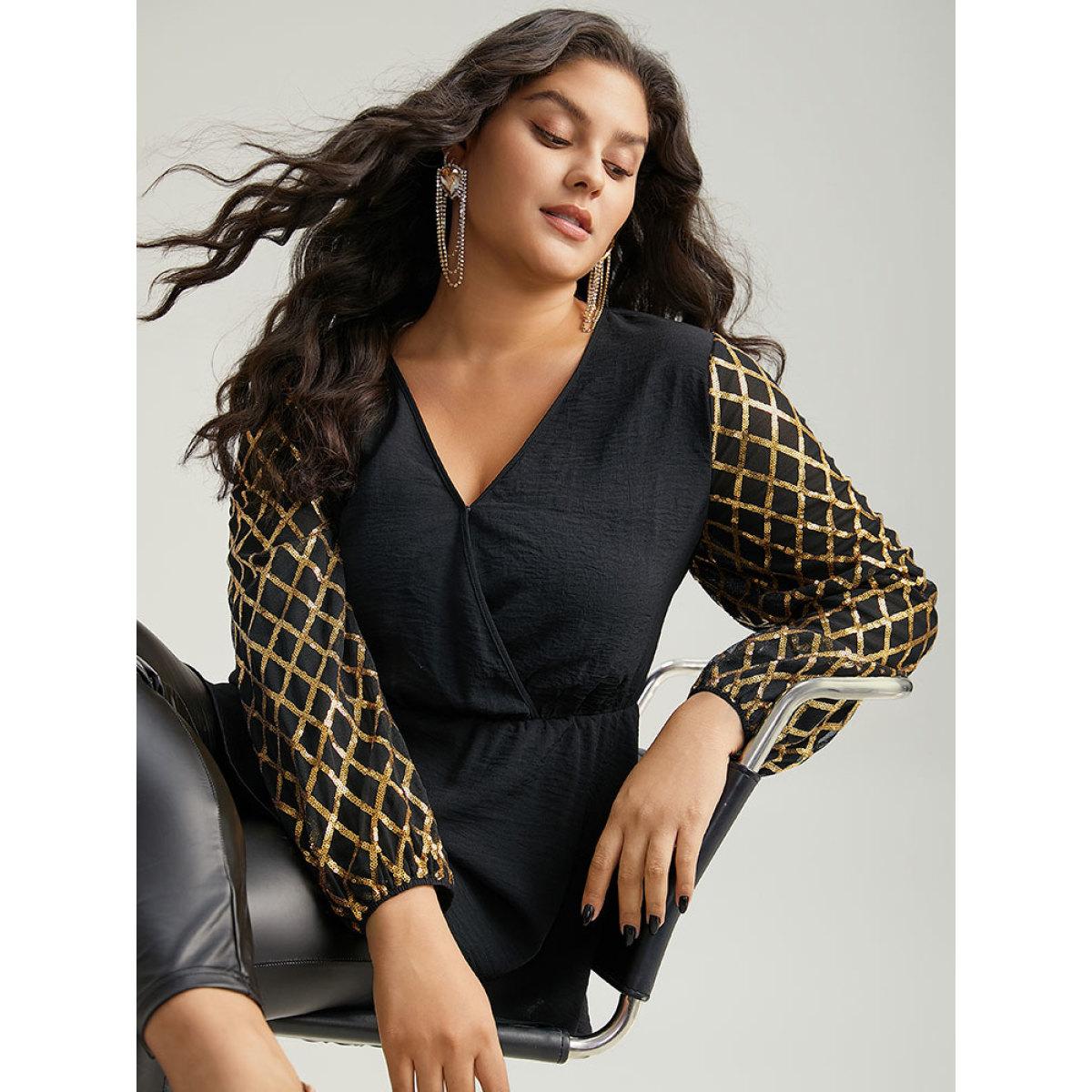 Plus Size Black Plaid Sequin Patchwork Wrap Blouse Women Glamour Long Sleeve Overlap Collar Festival-Christmas Blouses BloomChic 18-20/2X Product Image