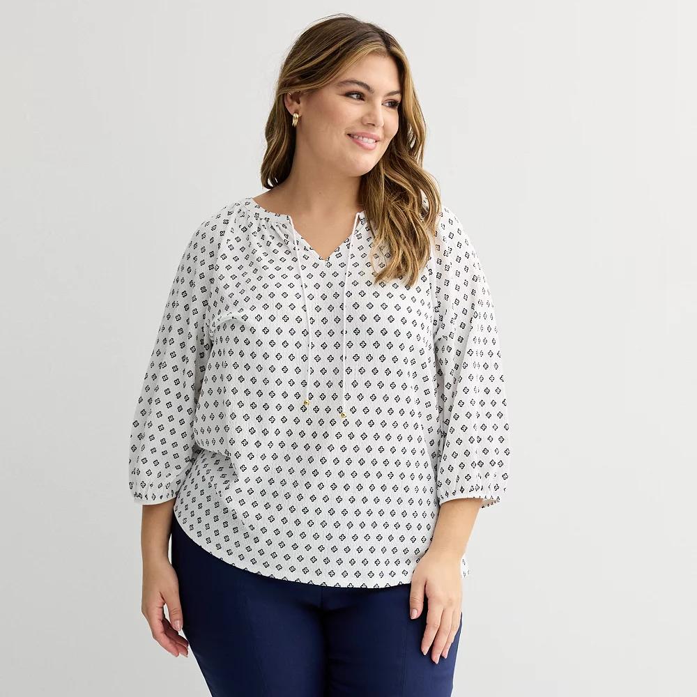 Plus Size Croft & Barrow® 3/4-Sleeve Peasant Top, Women's, Size: 3XL, White Geo Product Image