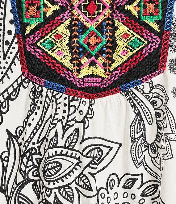 Calessa Embroidered Patchwork Print Split V-Neck 3/4 Sleeve Tunic Product Image