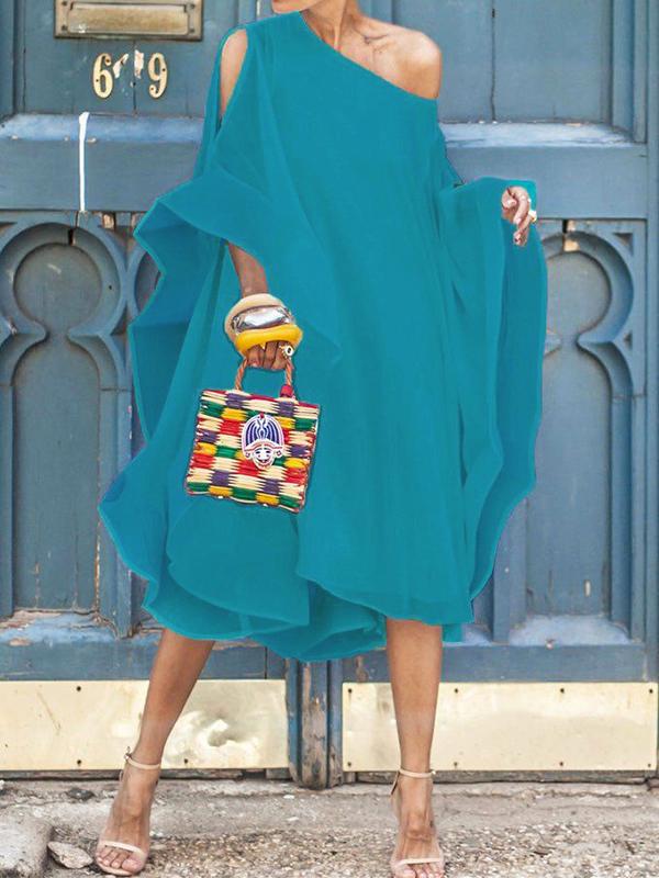 Batwing Sleeves Asymmetric Solid Color Cold Shoulder Midi Dresses Product Image