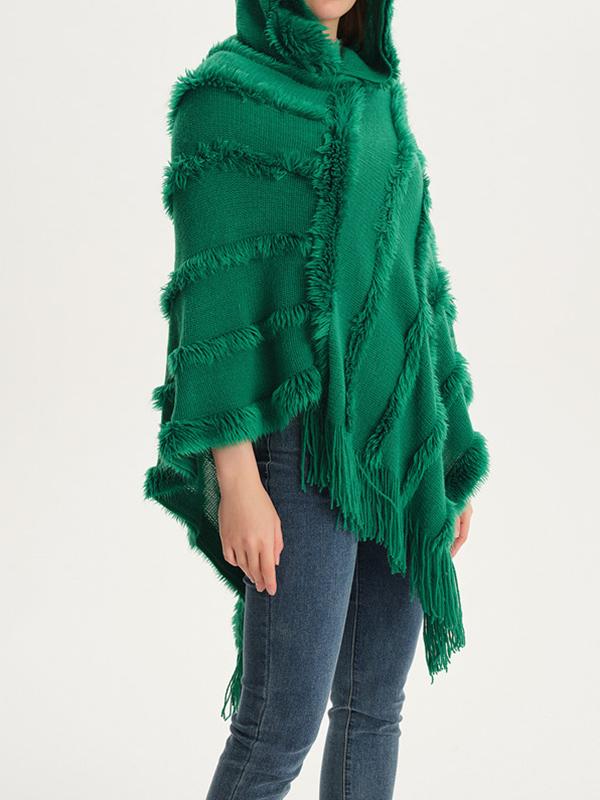 Hooded Keep Warm Solid Color Tasseled Cape Shawl&Cloak Product Image