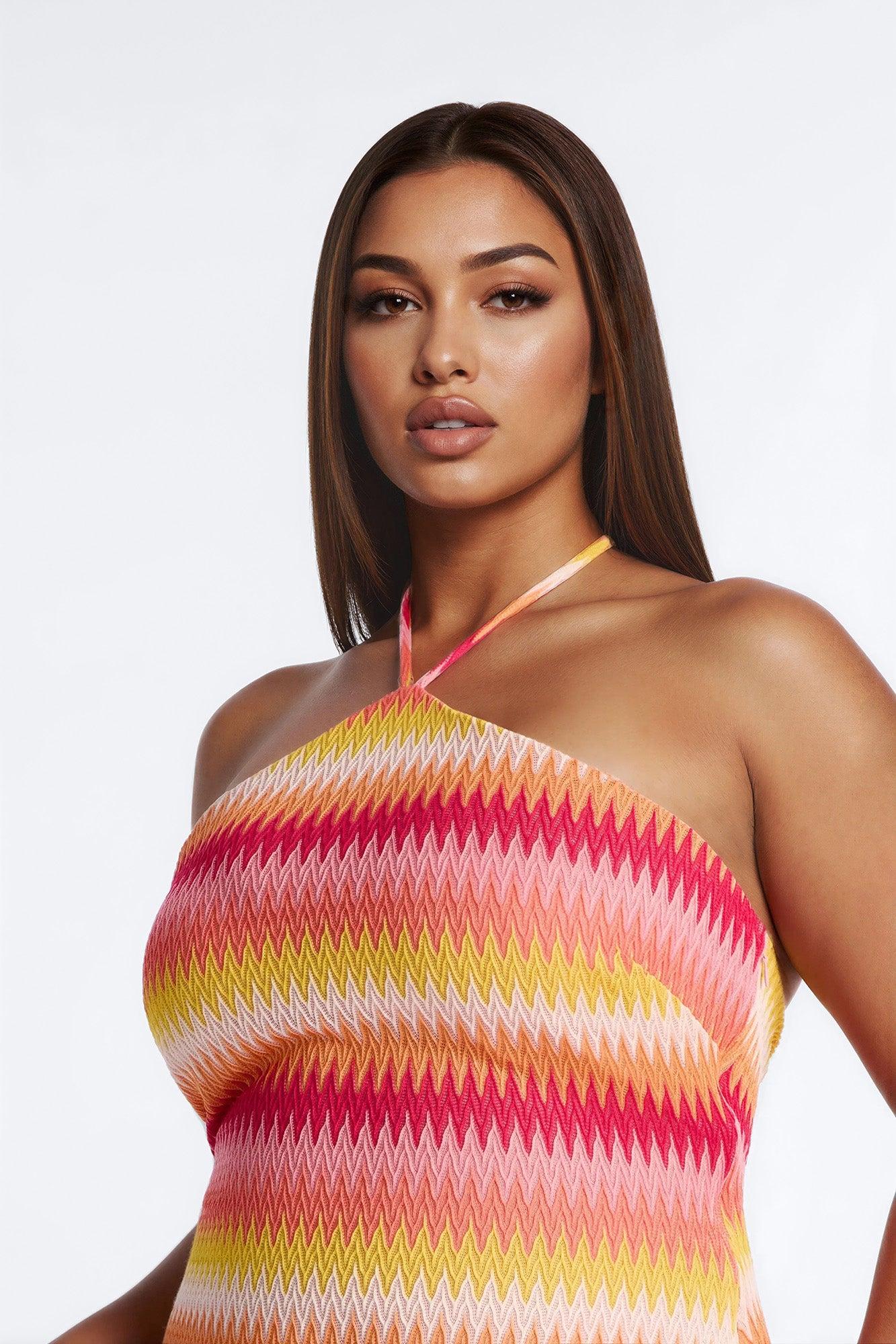 Off The Grid Chevron Crochet Mini Dress - Pink/combo Female Product Image