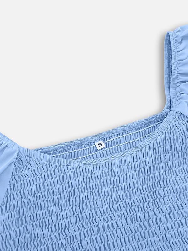 Loose Puff Sleeves Elasticity Pleated Solid Color Split-Joint Tiered Off-the-shoulder Mini Dresses Product Image