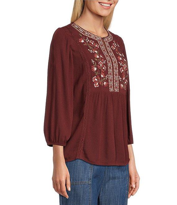 Nurture Gauze 3/4 Sleeve Keyhole Neck Embroidered Lace Square Yoke Top Product Image