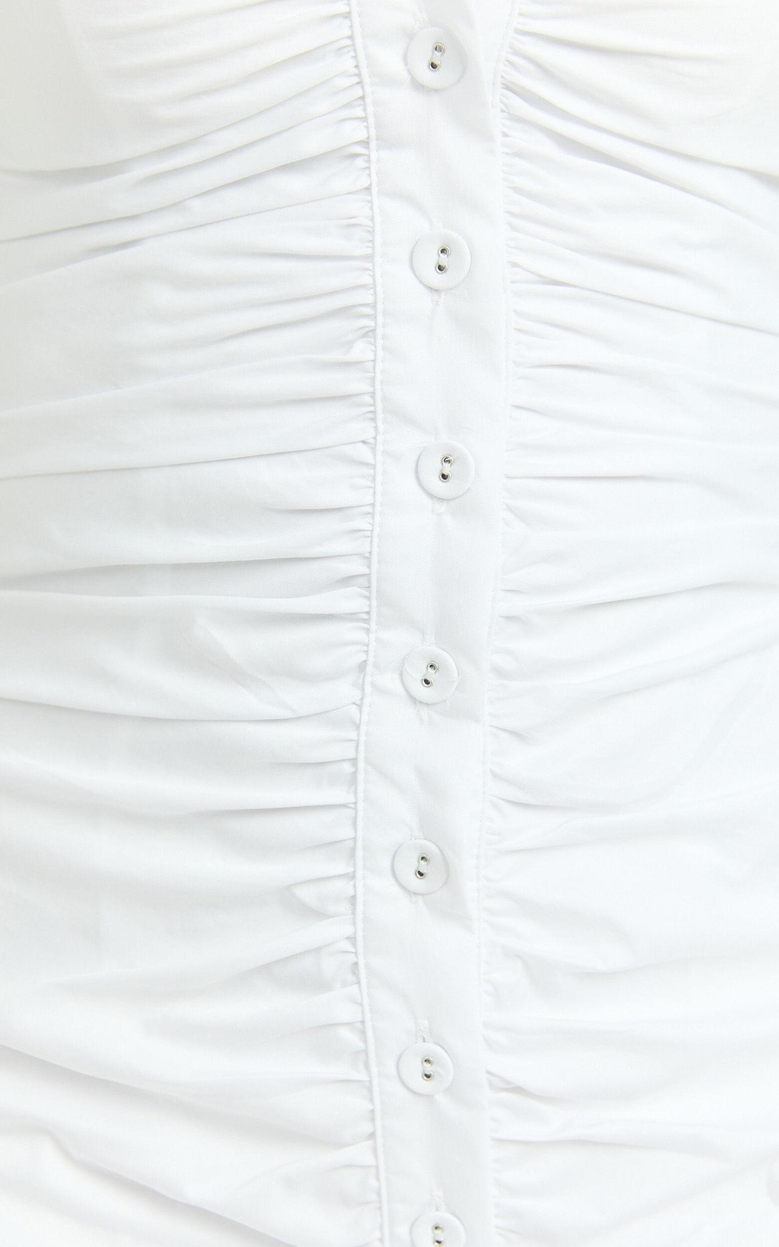 Mya Mini Dress - Scoop Neck Ruched Button Front Puff Sleeve Dress in White Product Image