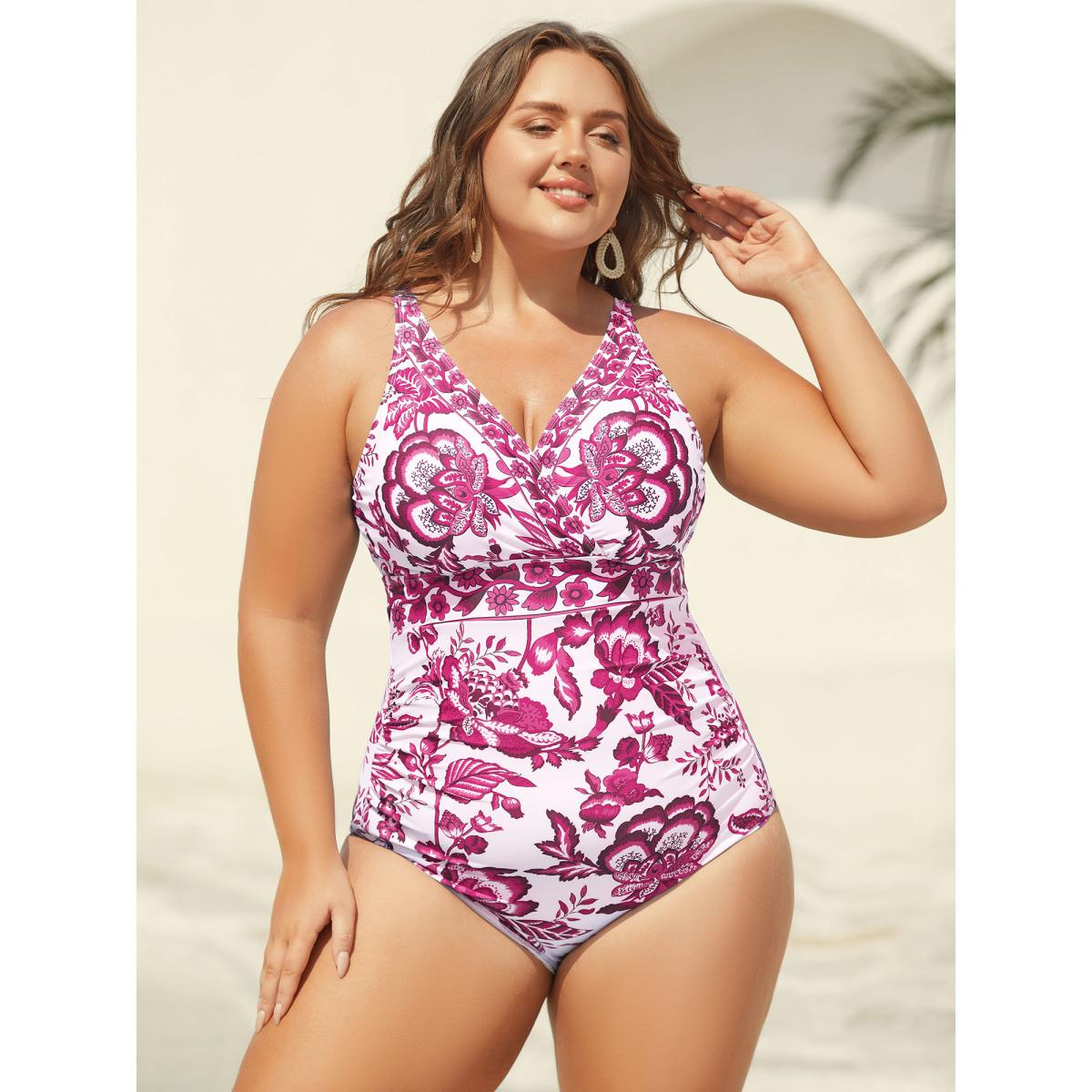Plus Size Two-Piece Floral Print Ruched Mesh Swimsuit, Sarong Women's Swimwear Cerulean Resort Gathered Curve Bathing Suits High stretch One Pieces BloomChic 22-24/3X Product Image