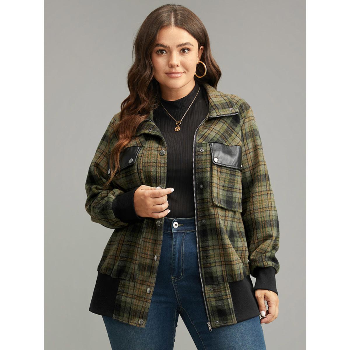 Plus Size Plaid Flap Pocket Zipper Fly Jacket Women Multicolor Elastic cuffs Pocket Dailywear Jackets BloomChic 12/L Product Image