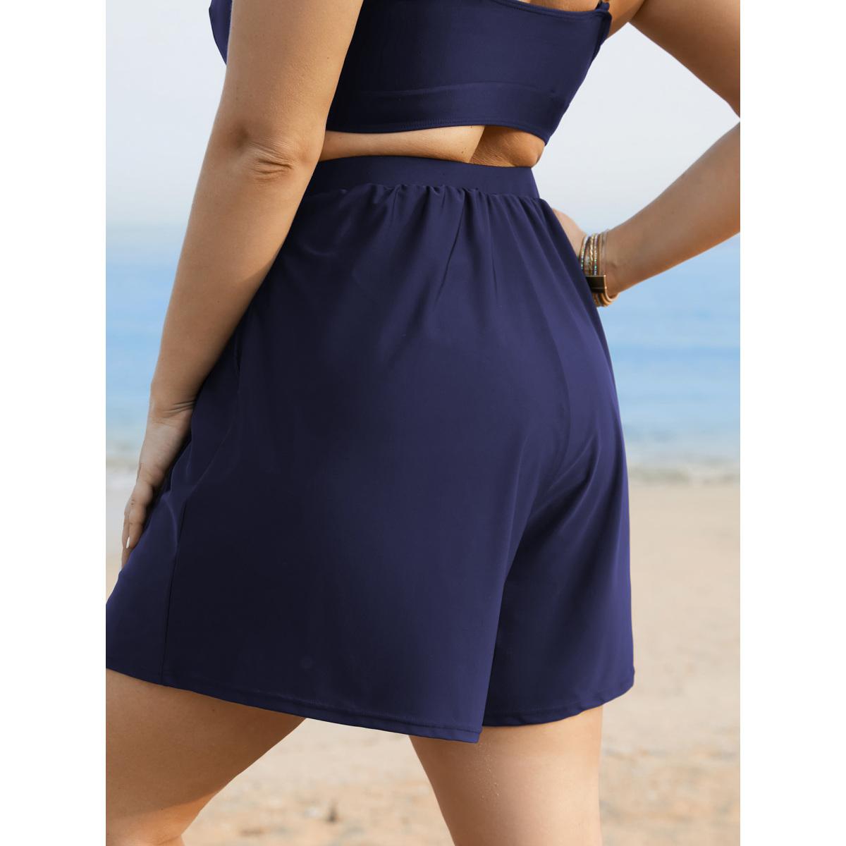 Plus Size Solid Slit Front Pocket Gathered Swim Bottom Women's Swimwear Indigo Beach Gathered High stretch Bodycon High Rise Side seam pocket Curve Swim Bottoms BloomChic 22-24/3X Product Image