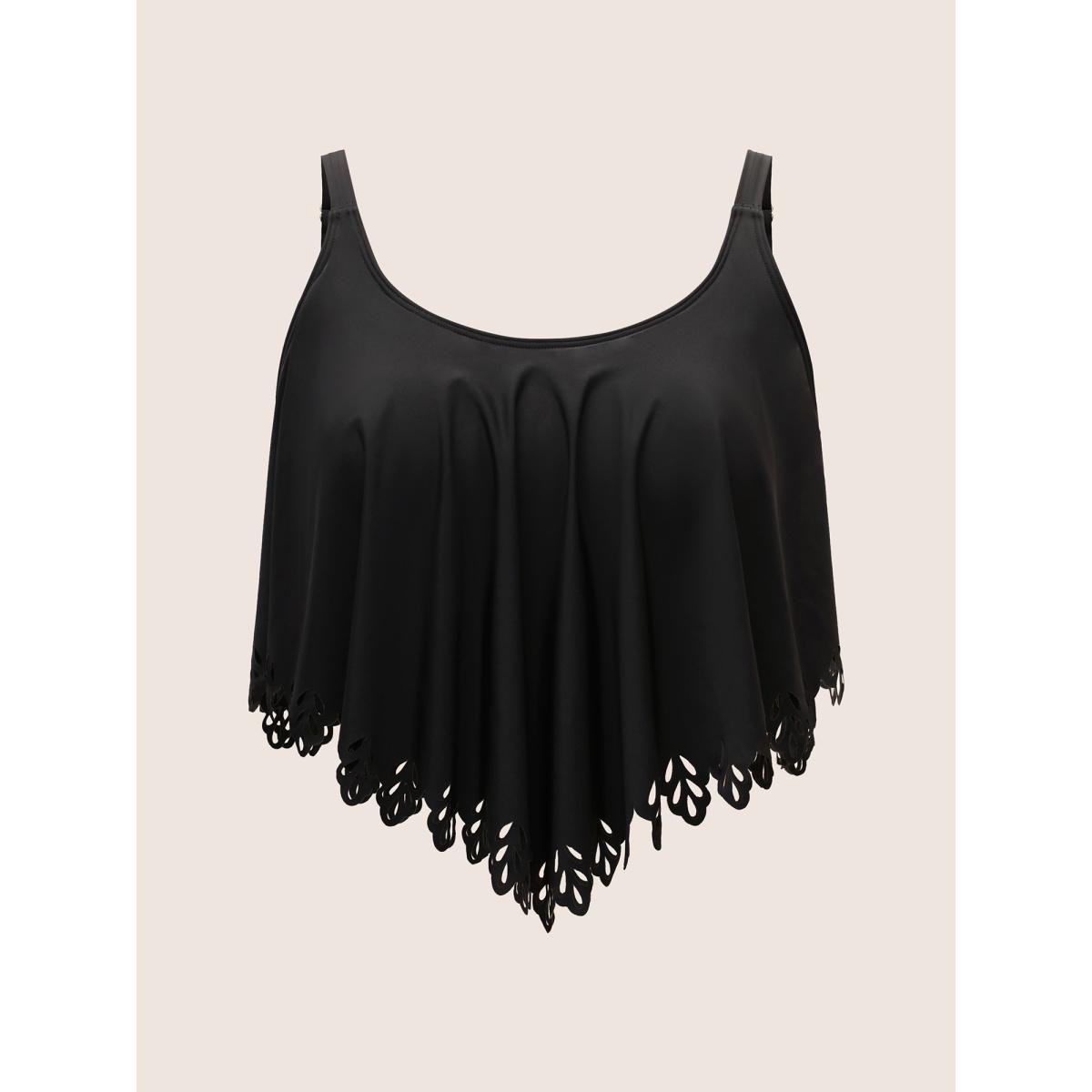 Plus Size Solid Ruffle Trim Laser Cut Swim Top Women's Swimwear Black Resort Cut-Out High stretch Bodycon U-neck Curve Swim Tops BloomChic 22-24/3X Product Image