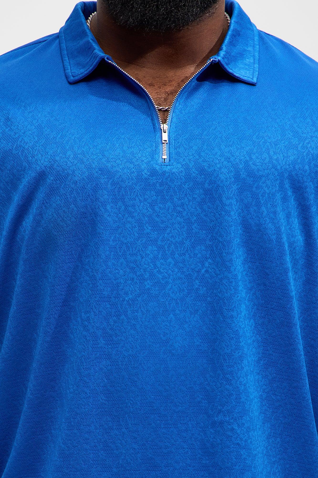 Jacquard Floral Knit Quarter Zip Polo Shirt - Blue Product Image