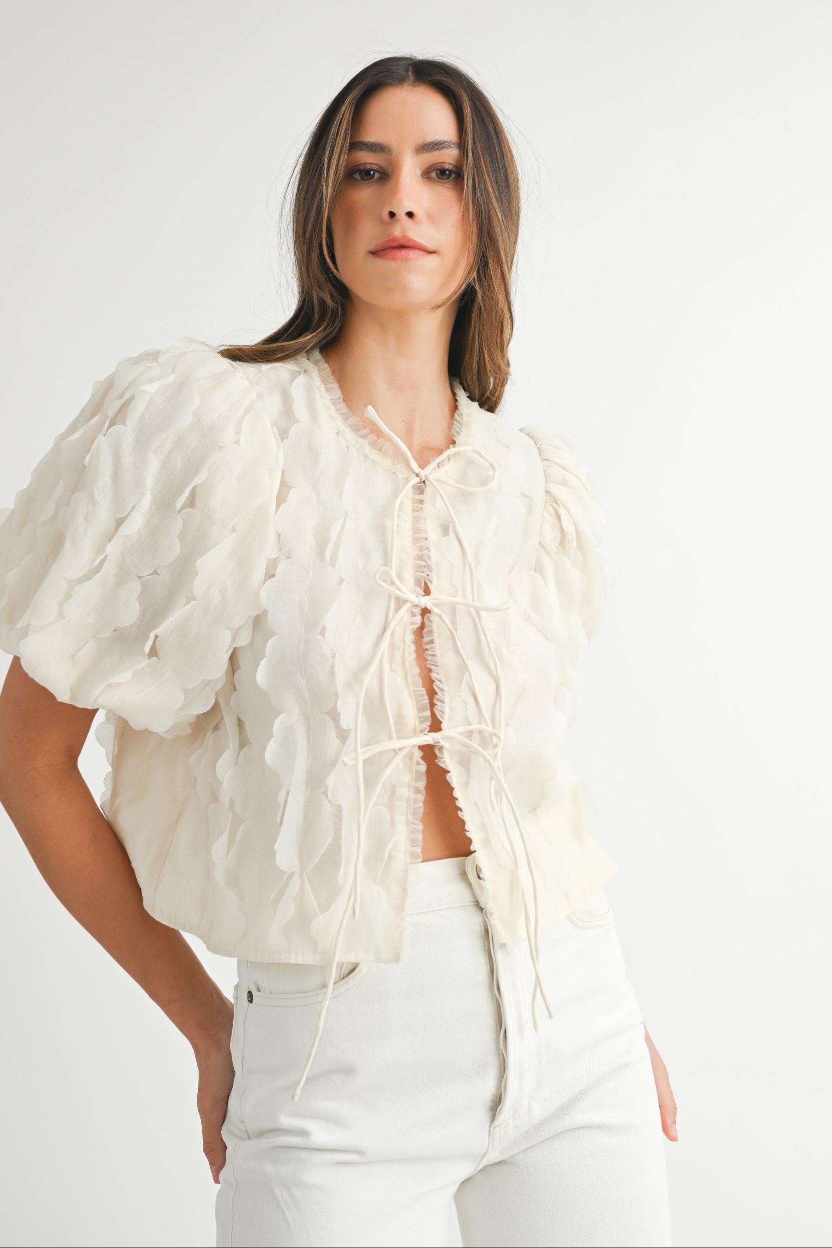 Textured Scallop Puff Sleeve Blouse Top Product Image
