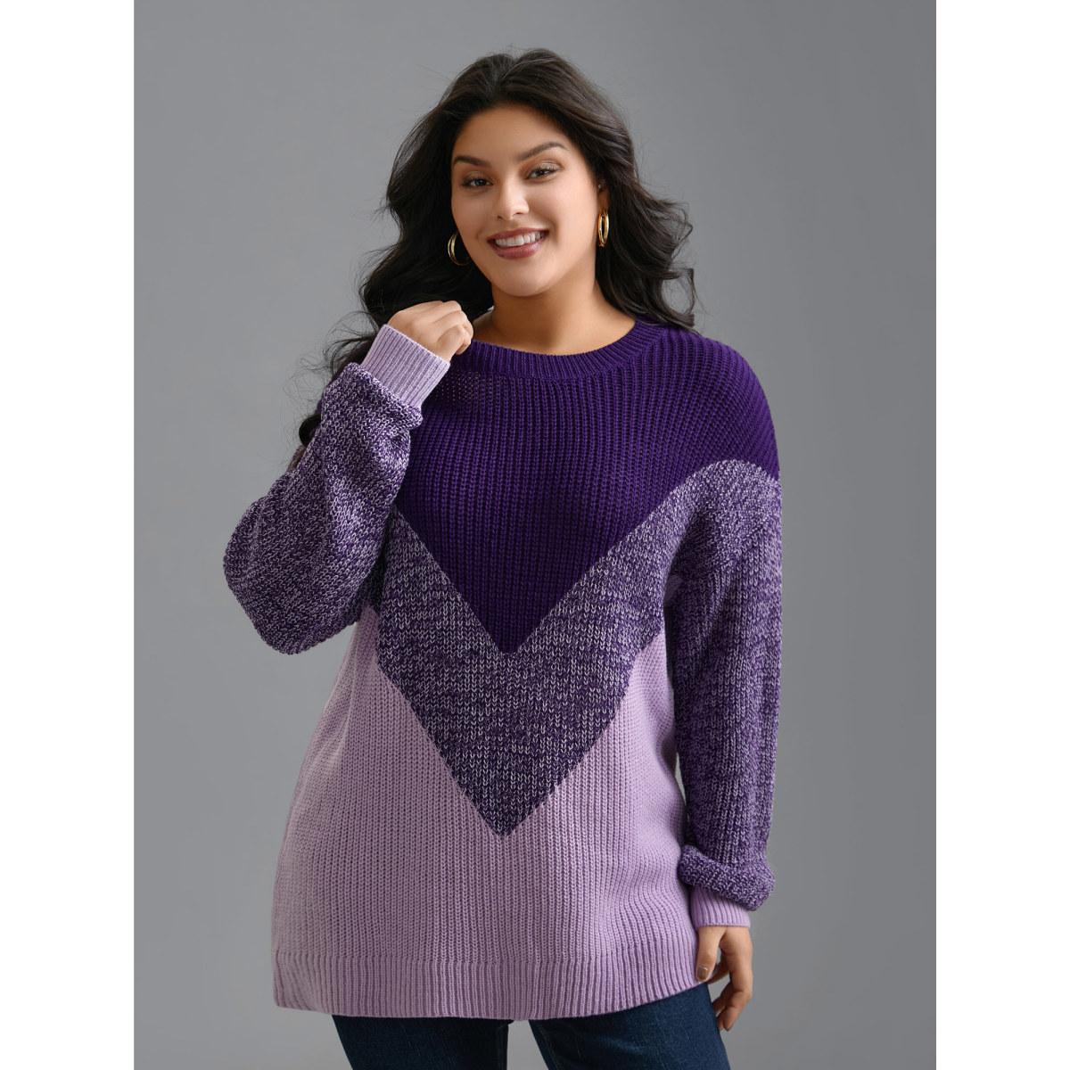 Plus Size Textured Balloon Sleeves Color Block Pullover Deeppurple Women Casual Loose Long Sleeve Round Neck Everyday Pullovers BloomChic 18-20/2X Product Image