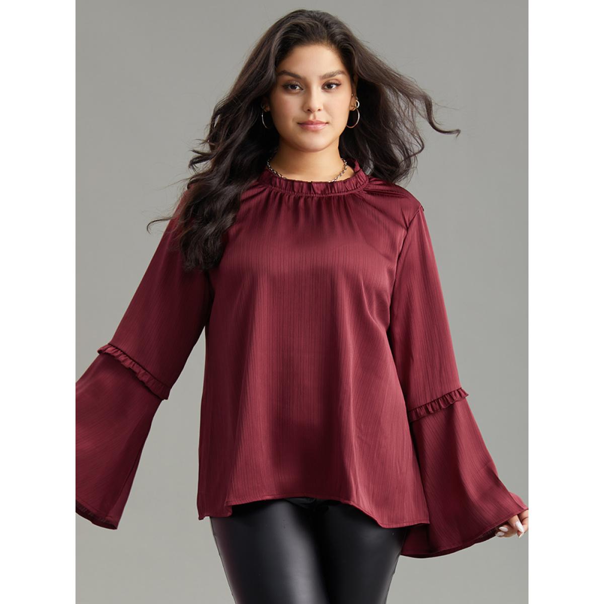 Plus Size Scarlet Plain Frill Trim Bell Sleeve Blouse Women Elegant Long Sleeve Round Neck Dailywear Blouses BloomChic 22-24/3X Product Image