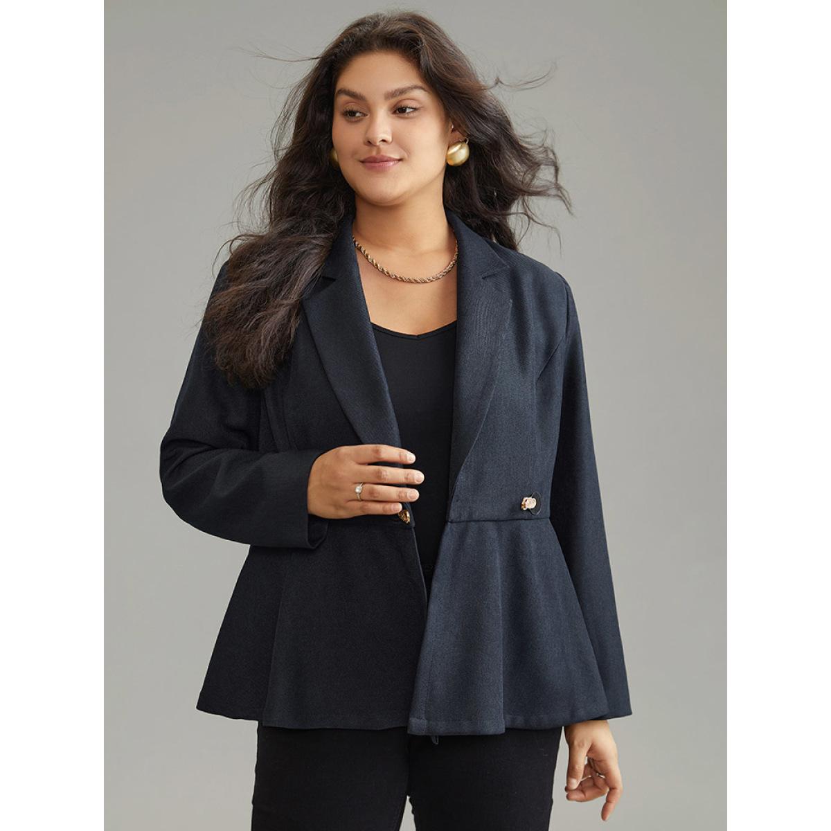 Plus Size Suit Collar Plain Buckle Detail Tweed Blazer Midnight Women Dailywear Plain Lined Sleeve Long Sleeve Suit Collar 28/5X Elegant Blazers BloomChic Product Image