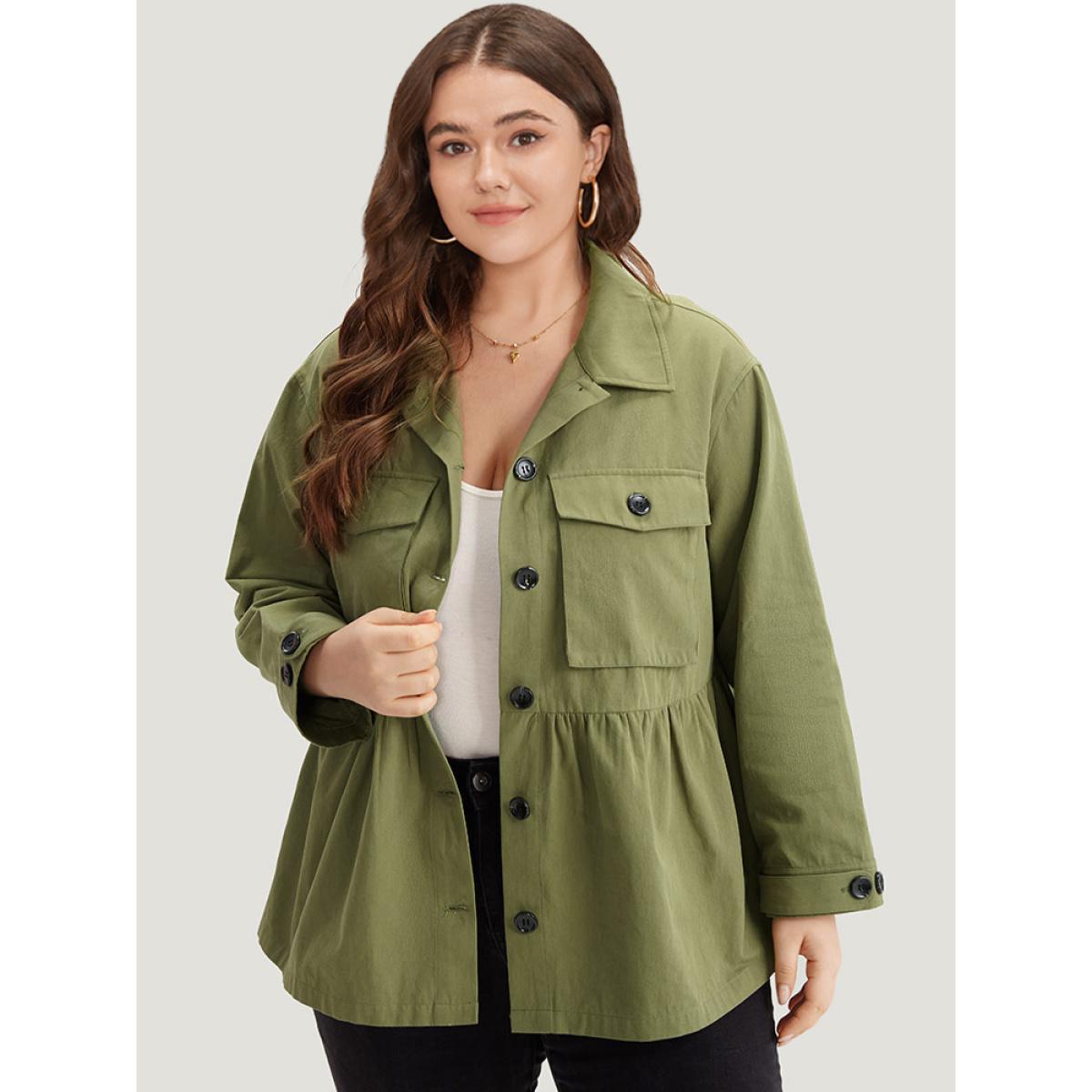 Plus Size Solid Gathered Button Through Pocket Jacket Women Moss Casual Plain Ladies Dailywear Winter Coats BloomChic 10/M Product Image