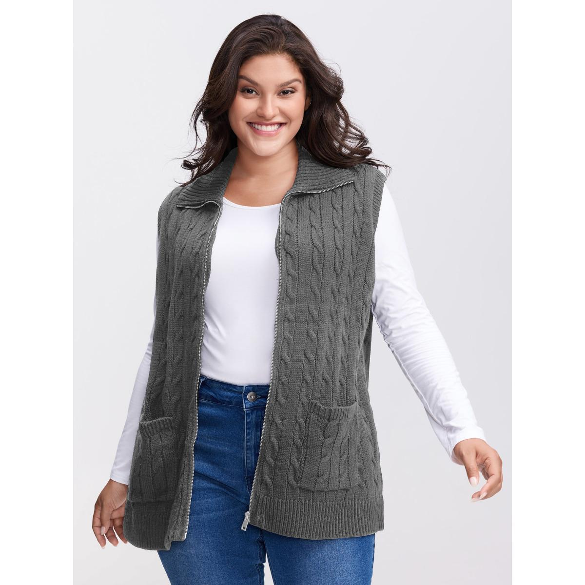 Plus Size Cable Zipper Sleeveless Knit Cardigan DimGray Women Leisure Loose Sleeveless Casual Cardigans BloomChic 30/6X Product Image