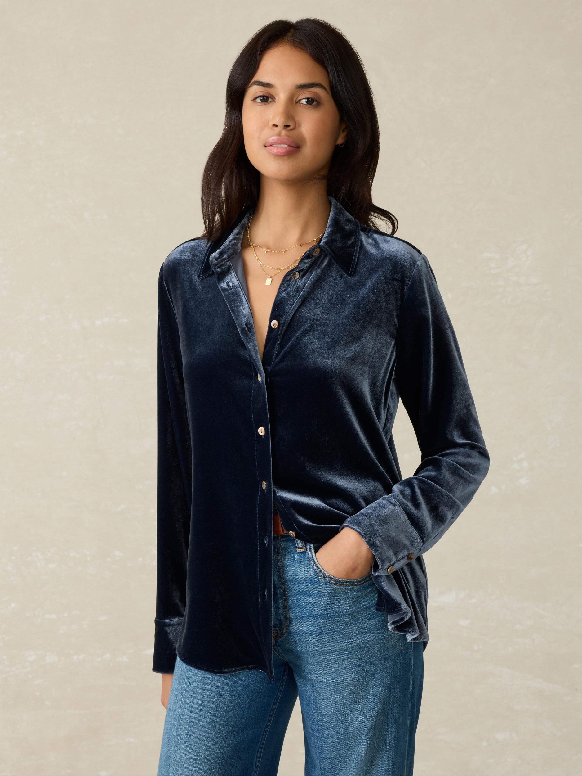 Stretch Silk Velvet Genevieve Shirt - Navy Female Product Image