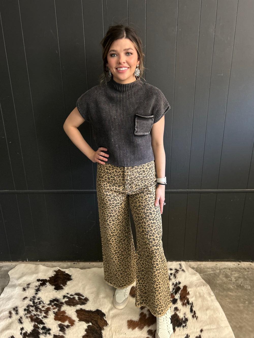 High Rise Leopard Twill Frayed Hem Wide Leg Pants Product Image