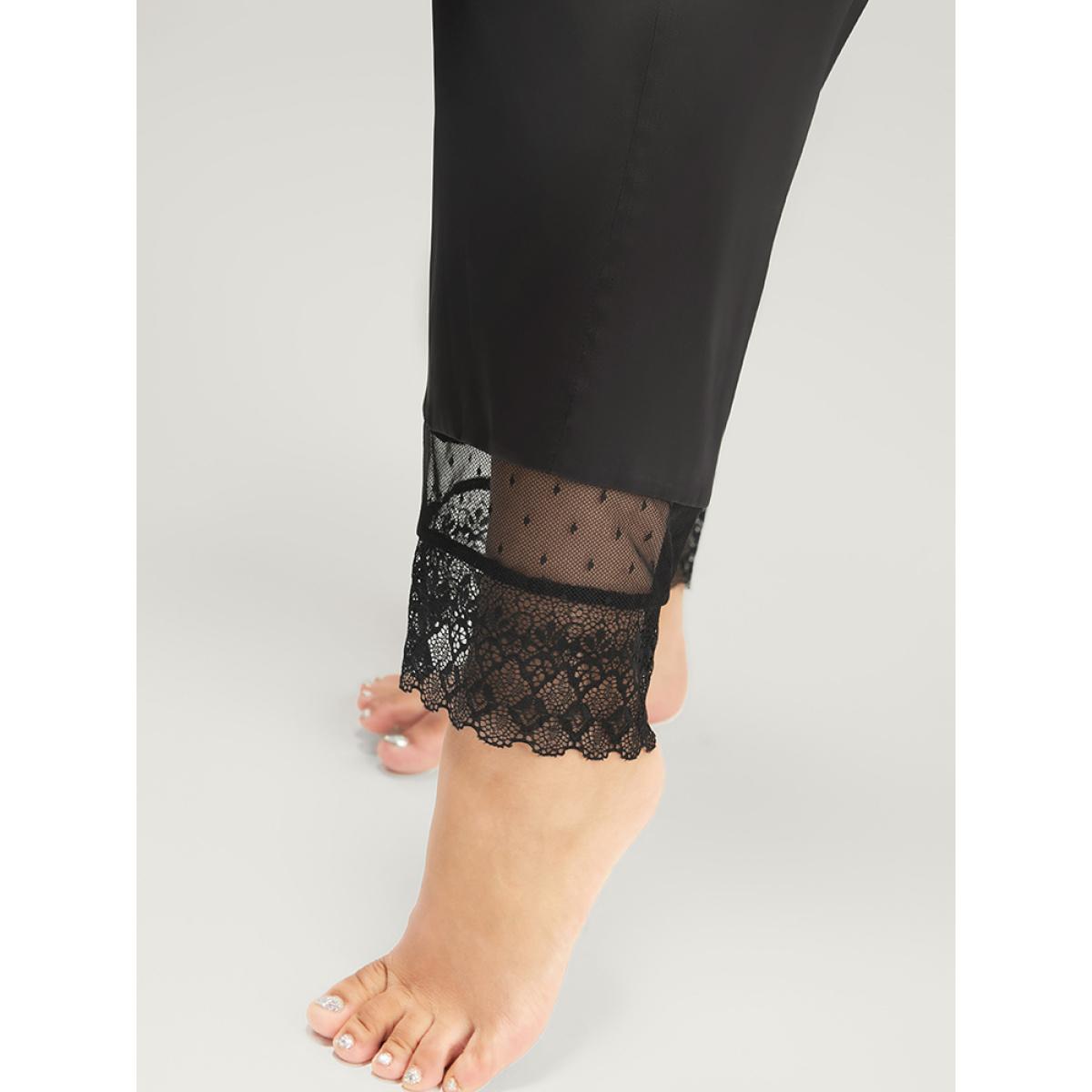 Plus Size Solid Mesh Lace Wrap Belted Pajama Set Women Black Plain Cross straps Long Sleeve V-neck Elegant Loungewear Sets BloomChic 26/4X Product Image