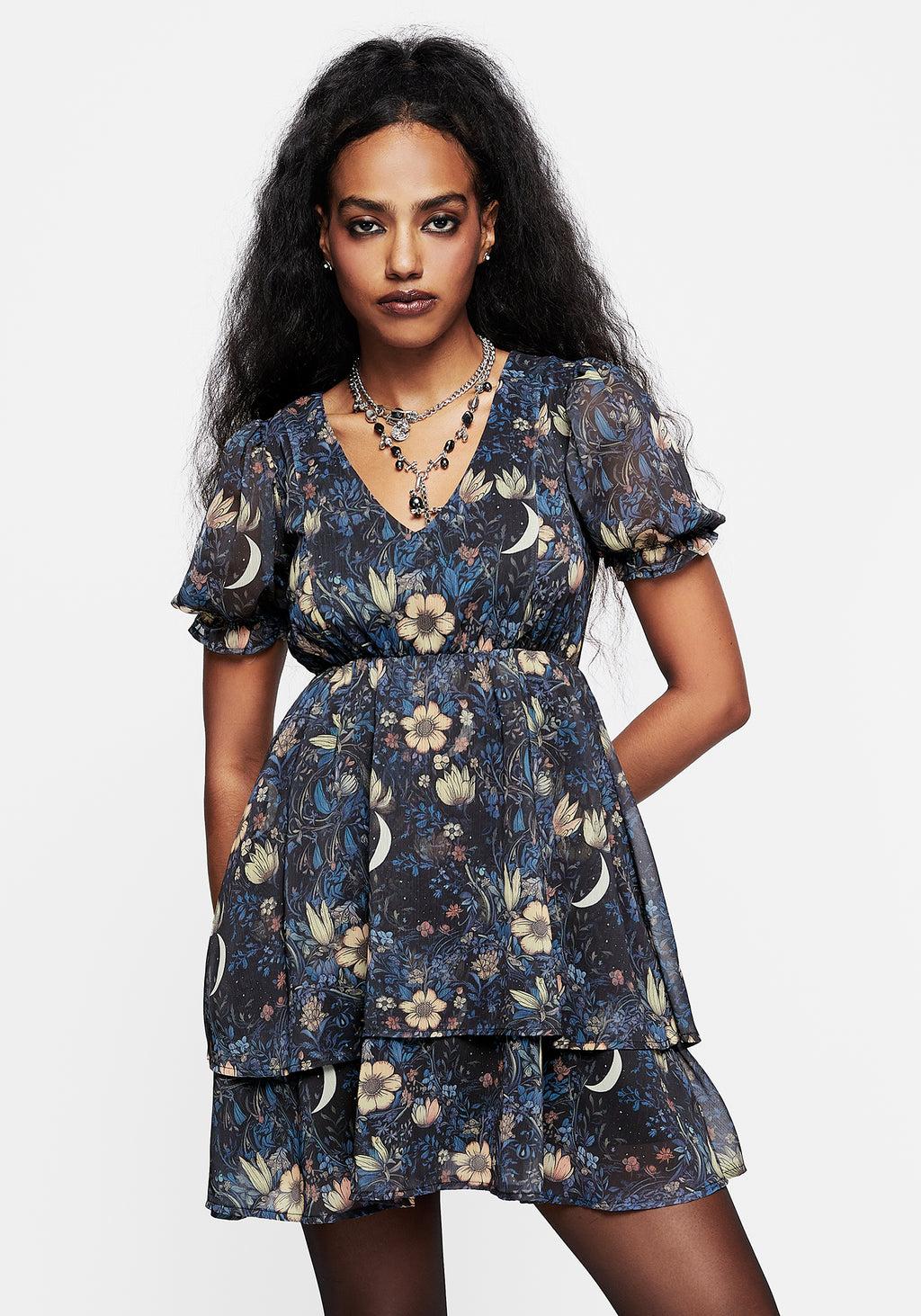 Primrose Floral Chiffon Puff Sleeve Layered Mini Dress Product Image