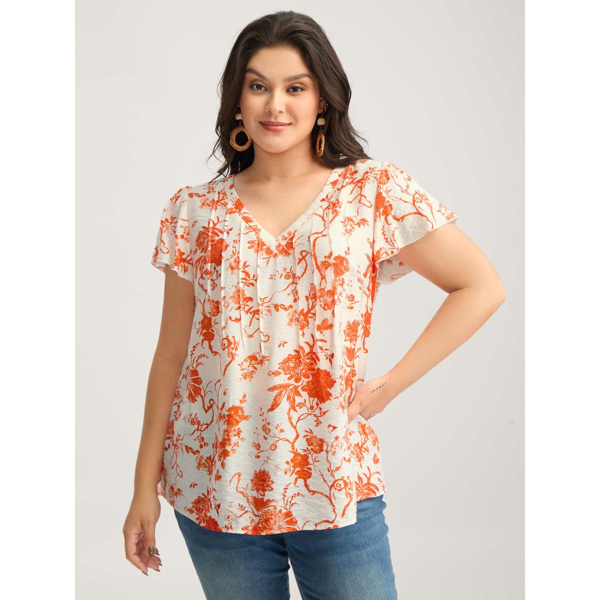 Plus Size Brightorange Floral Print Pleated Front Blouse Women Cap Sleeve V-neck Vacation Blouses BloomChic 26/4X Product Image