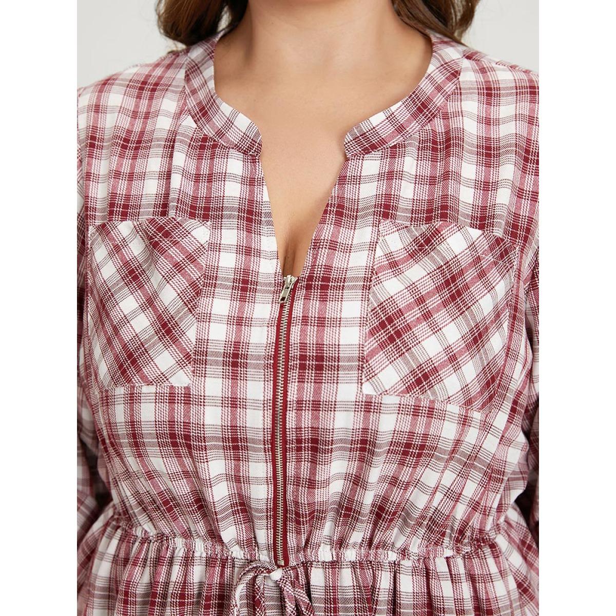 Plus Size Plaid Drawstring Zipper Notched Tab Sleeve Dress Raspberry Women Elegant Zipper Notched collar Long Sleeve Curvy Knee Dress BloomChic 12/L Product Image
