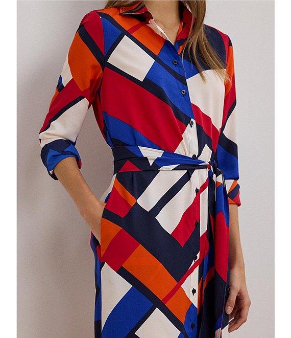 Lauren Ralph Lauren Crepe de Chine Printed Point Collar Long Sleeve Button-Front Self-Tie Waist Midi Shirtdress Product Image