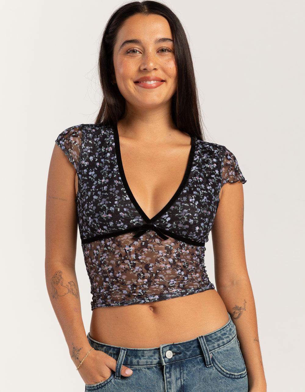 FULL TILT Printed Lace Womens V-Neck Top - BLK/MULTI Product Image