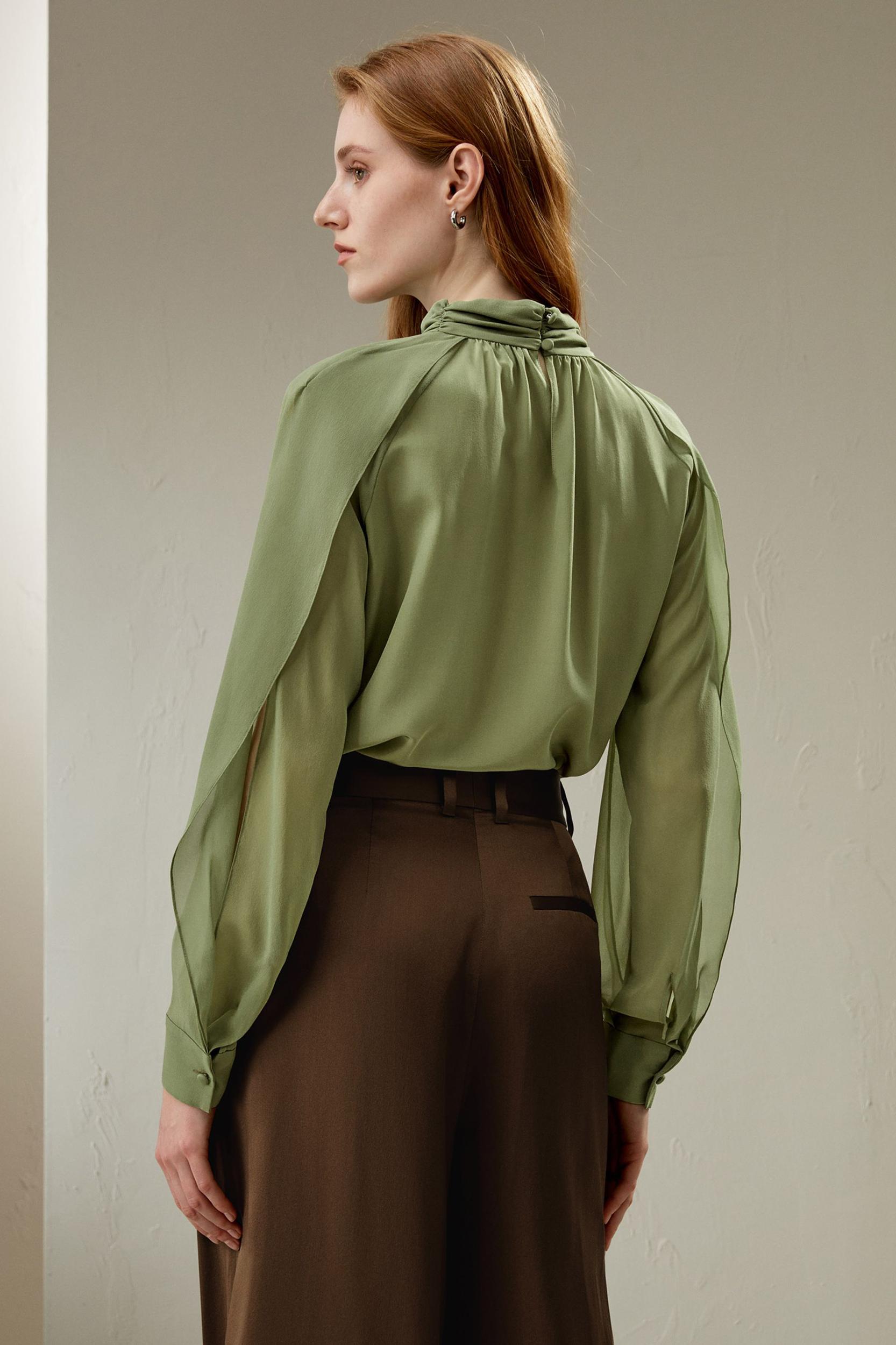 LILYSILK Women's Silk Crepe Side Slit Lantern Sleeve Blouse Top Pistachio XXS Product Image