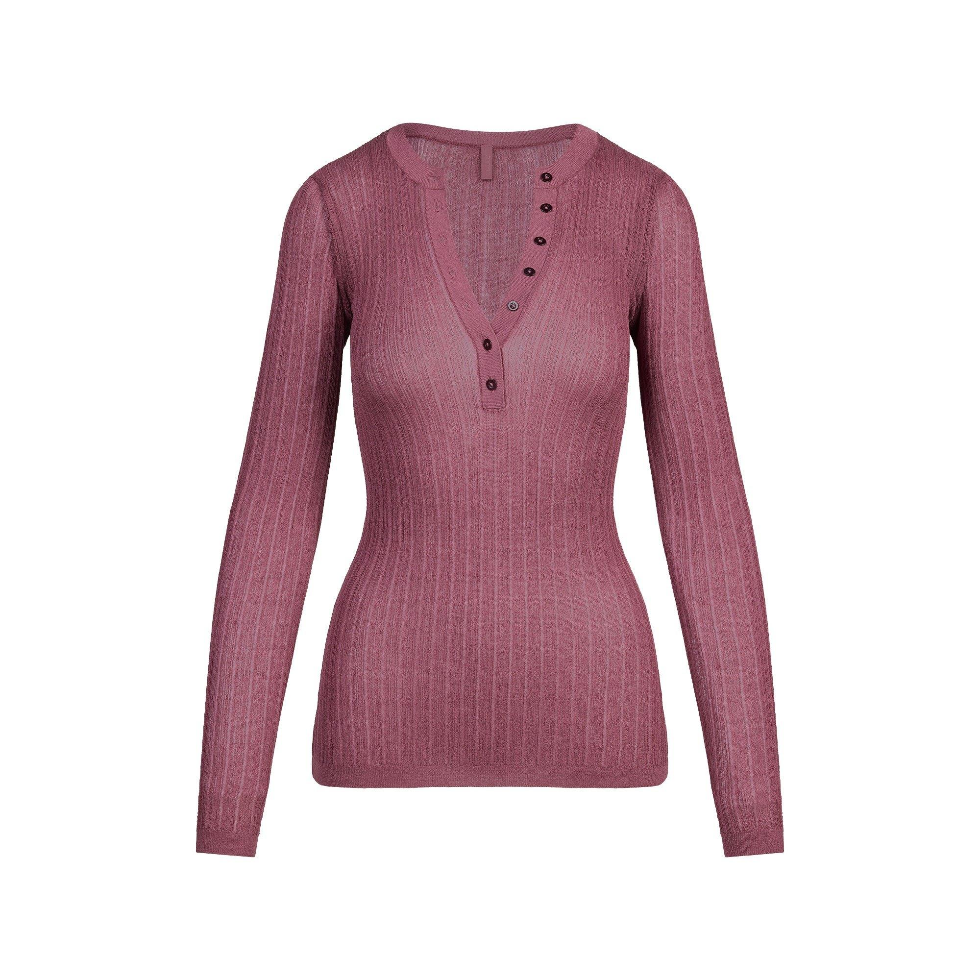SHEER KNIT LONG SLEEVE HENLEY | BEET Product Image
