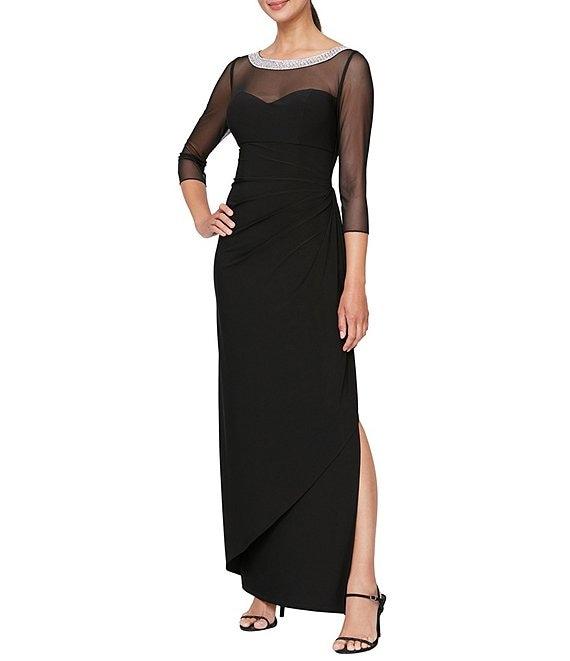 Alex Evenings Illusion Mesh 3/4 Sleeve Round Neck Side Slit Ruched Gown Product Image