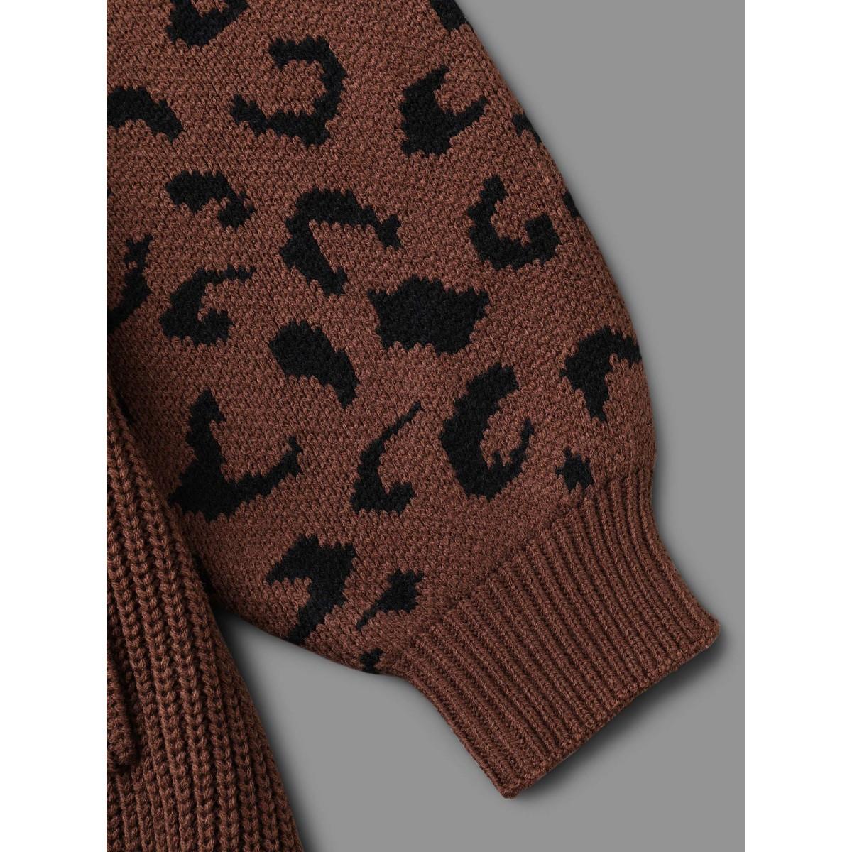 Plus Size Leopard Print Patchwork Lantern Sleeve Cardigan Browncoffeecolor Women Casual Loose Long Sleeve Everyday Cardigans BloomChic 10/M Product Image