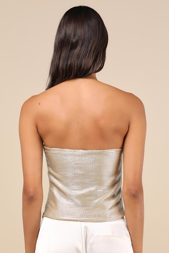 Fashionista Flair Shiny Champagne Bow Strapless Top Product Image