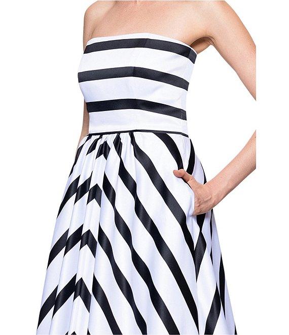 Betsy & Adam Satin Stripe Print Strapless Neck Sleeveless A-Line Gown Product Image