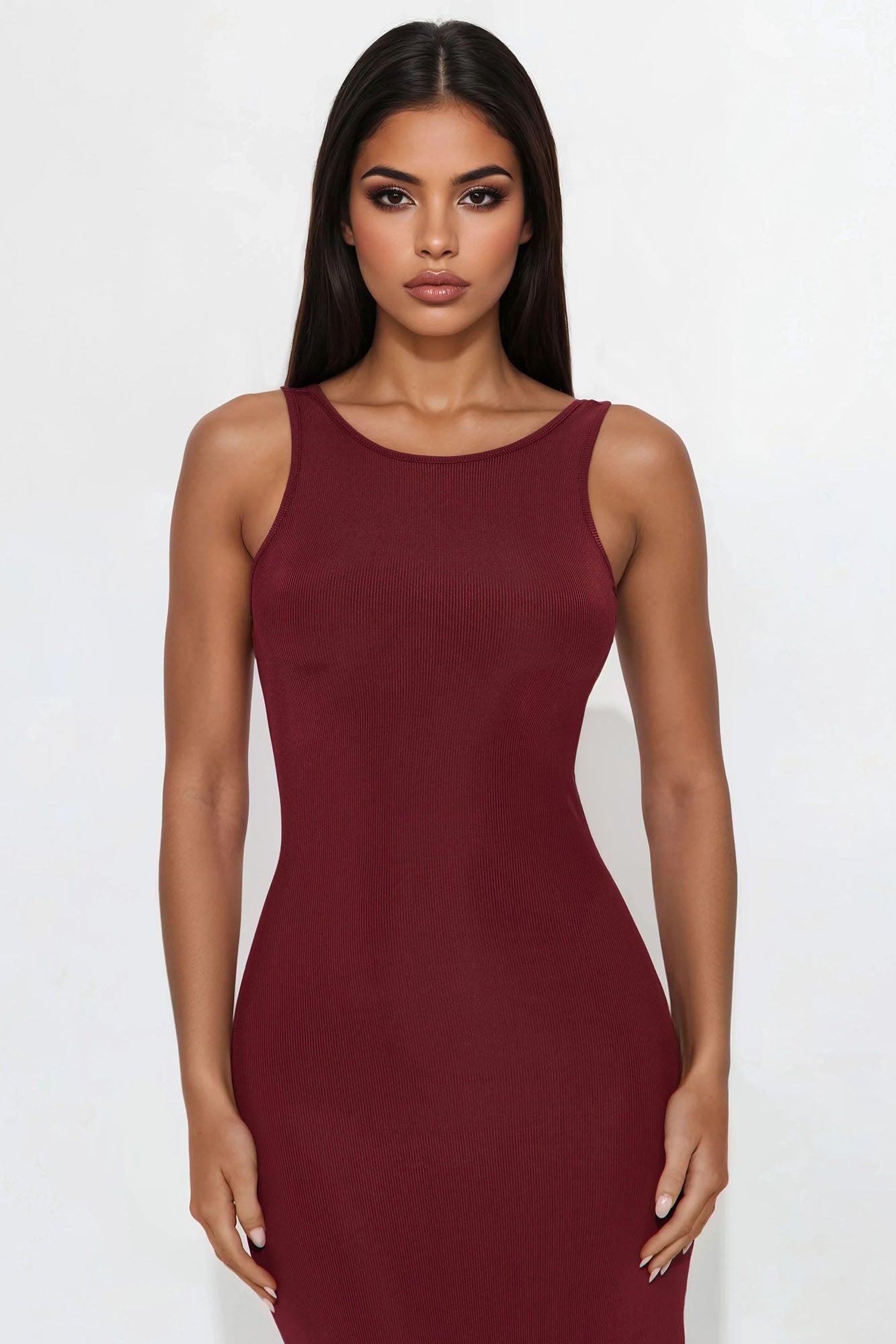 Eden Ribbed Backless Maxi Dress - Wine Female Product Image