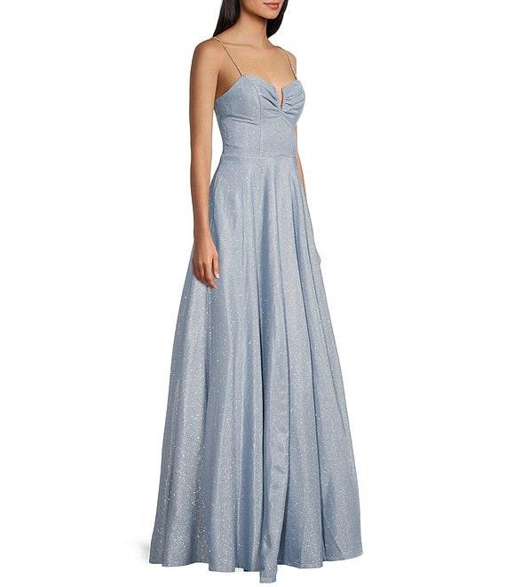 Midnight Doll Rhinestone V-Neck Ruched Long Dress Product Image