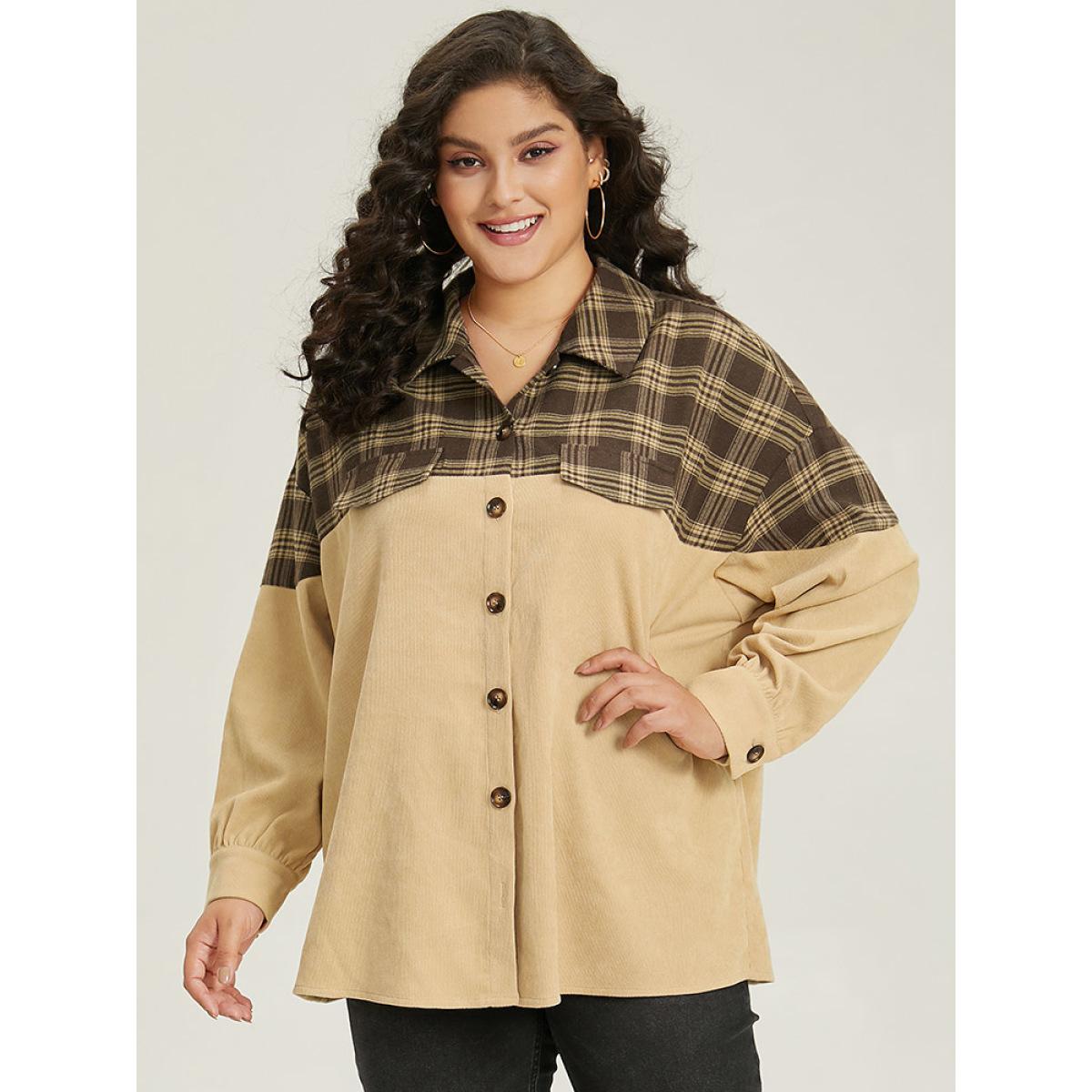 Plus Size Plaid Button Through Patchwork Contrast Jacket Women Tan Contrast Dailywear Jackets BloomChic 28/5X Product Image
