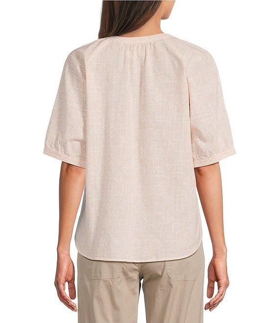 Aventura Cassia Printed Slub Weave Woven Y-Neck Button Front Blouse Product Image