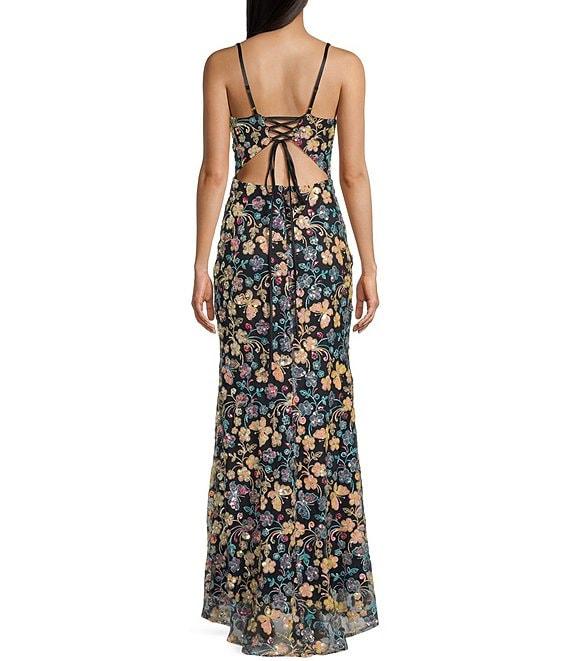 Blondie Nites Sequin Floral Butterfly Patterned Spaghetti Strap V-Neck Tie Back Gown Product Image