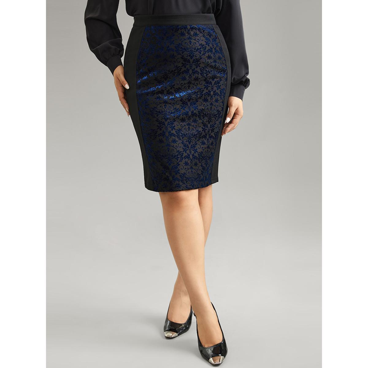 Plus Size Silhouette Floral Print Contrast Flocking Skirt Women Black Elegant Velvet Bodycon Medium stretch Everyday Skirts BloomChic 22-24/3X Product Image