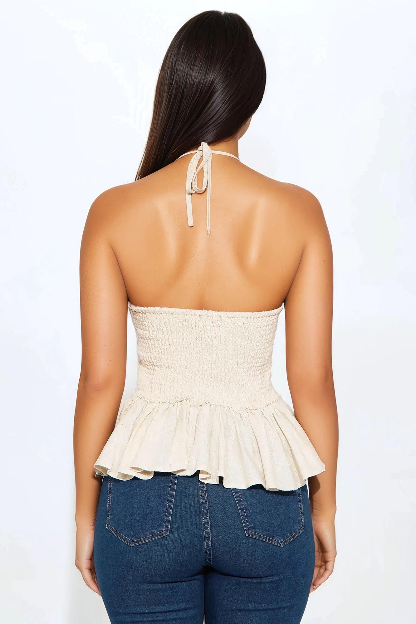 Josie Linen Halter Top - Oatmeal Product Image